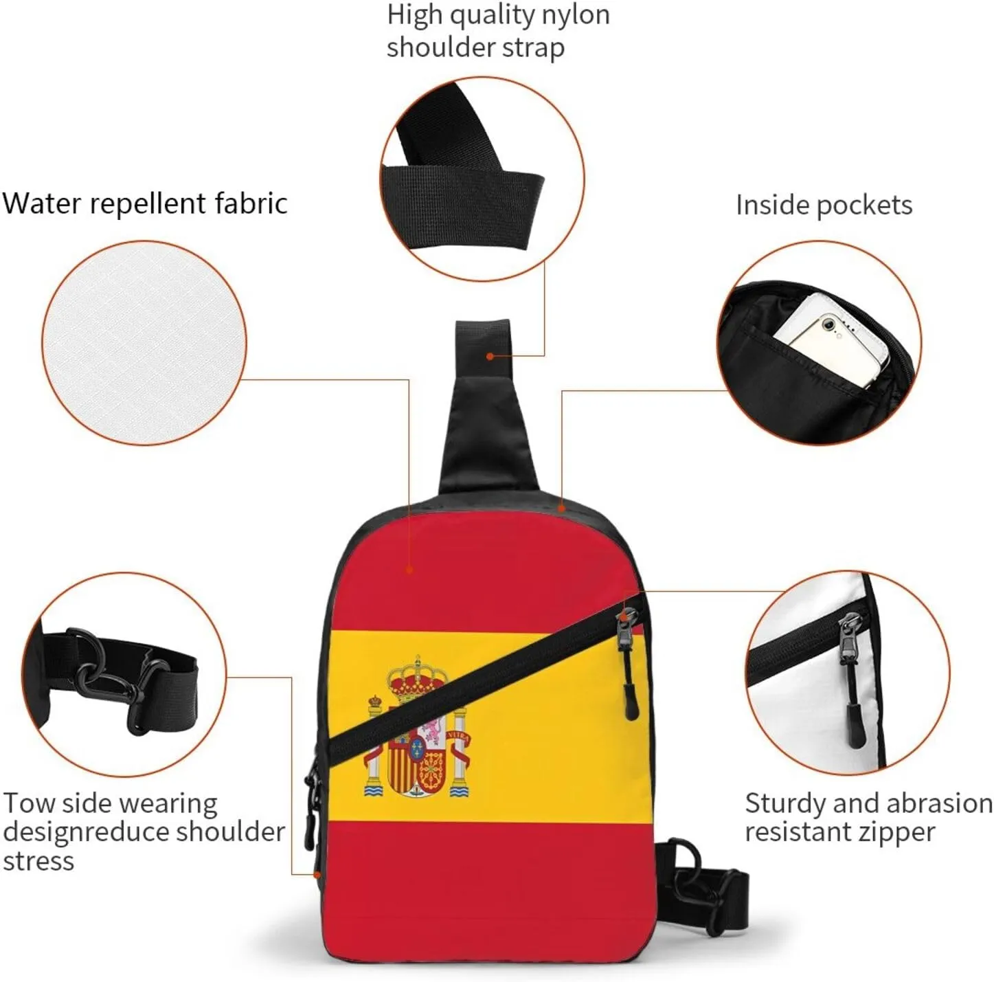 Spain Spanish Espana Flag Crossbody Bag Portable Sling Bags Foldable Chest Daypack Reusable Sports Shoulder Backpack Diagonally Casual Rucksack Travel Bag