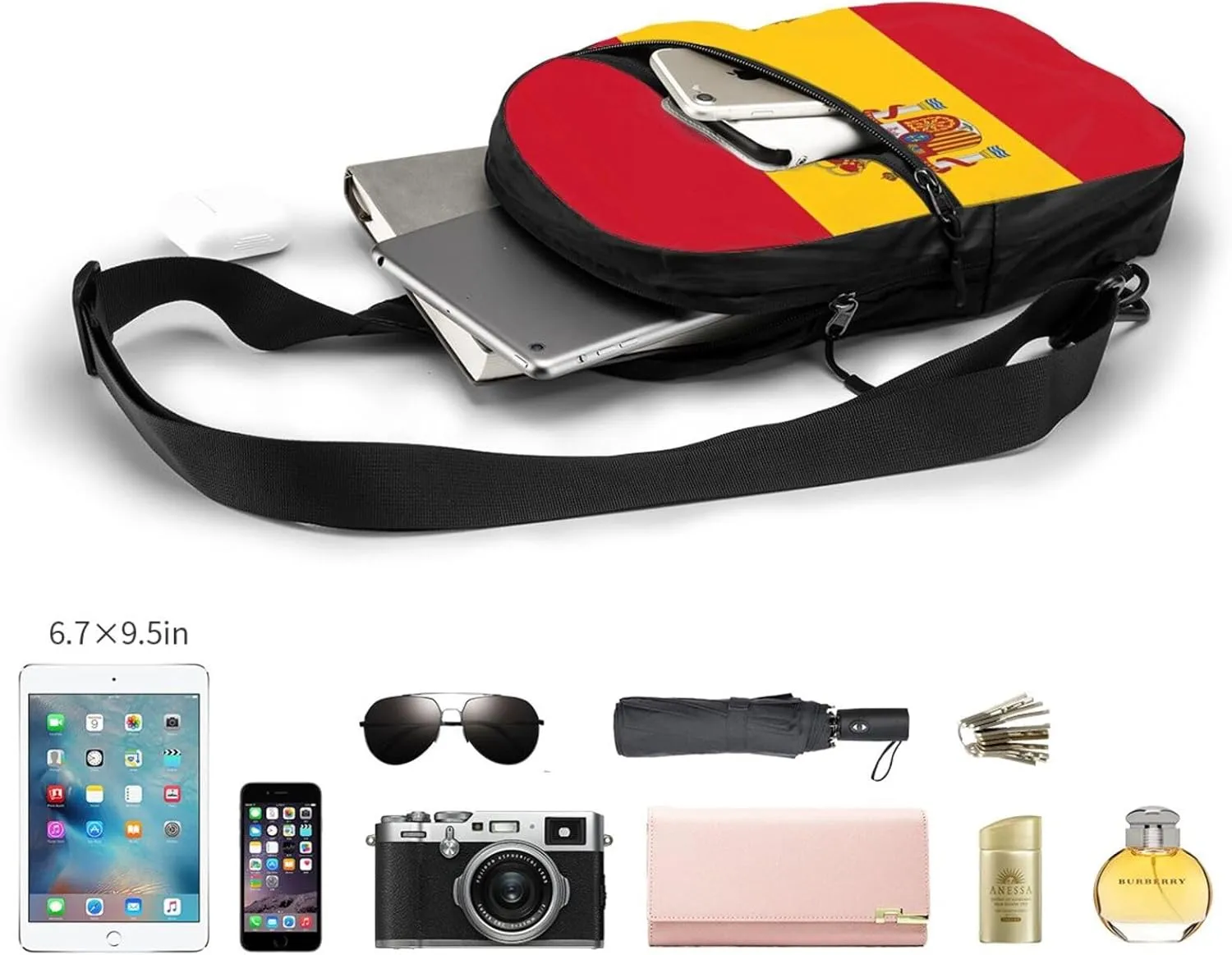 Spain Spanish Espana Flag Crossbody Bag Portable Sling Bags Foldable Chest Daypack Reusable Sports Shoulder Backpack Diagonally Casual Rucksack Travel Bag