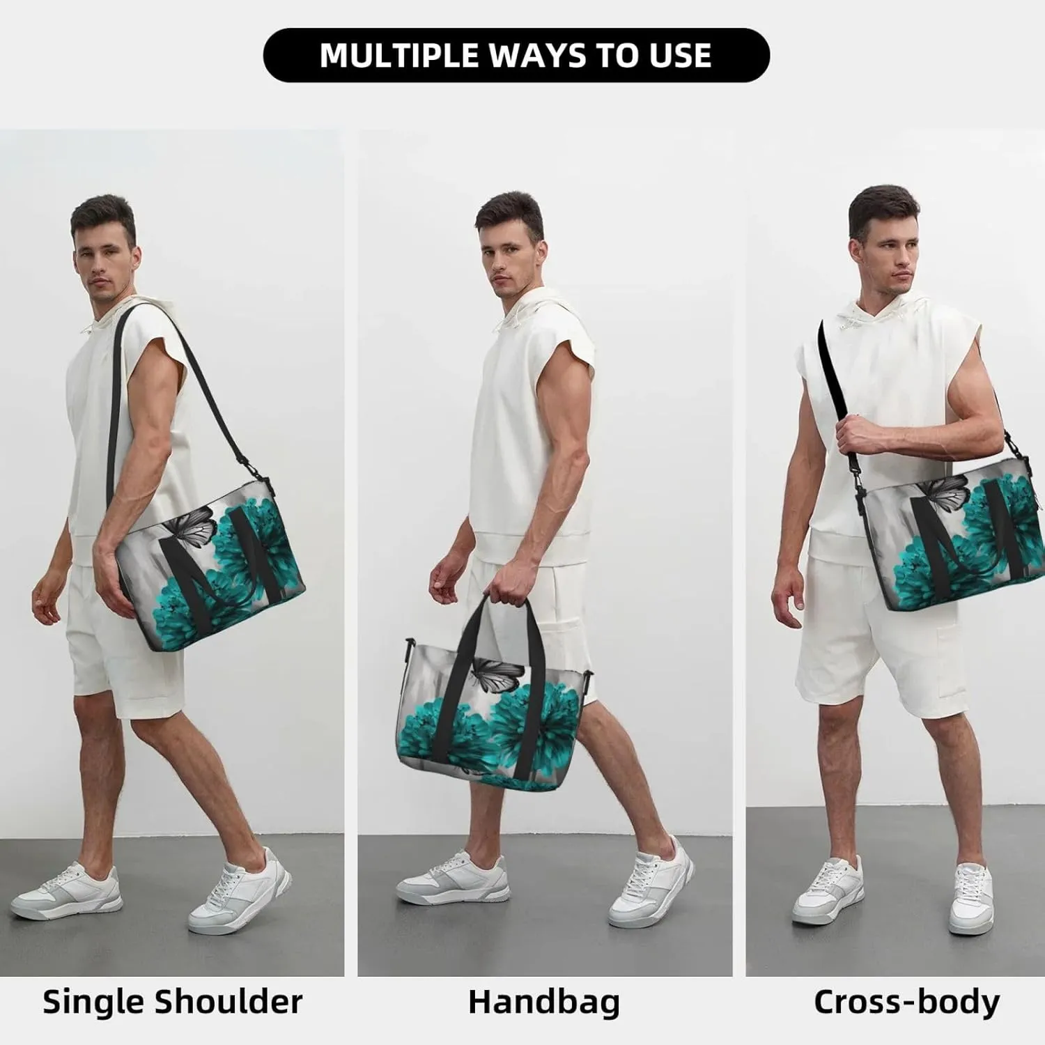 Sports Gym Bag for Women Men Travel Duffel Bag Tote Gray Teal Flower Butterfly Weekender Bag Canvas Carry on Overnight Bag for Travel Swimming Fitness Workout Sports Duffle Bag