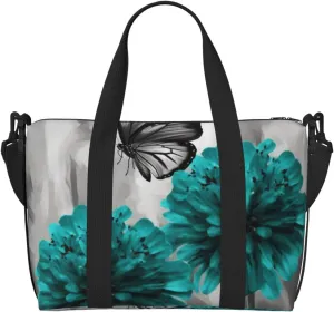 Sports Gym Bag for Women Men Travel Duffel Bag Tote Gray Teal Flower Butterfly Weekender Bag Canvas Carry on Overnight Bag for Travel Swimming Fitness Workout Sports Duffle Bag