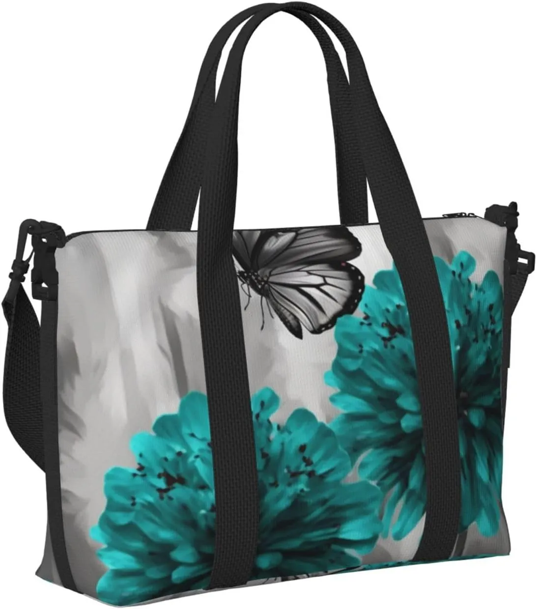 Sports Gym Bag for Women Men Travel Duffel Bag Tote Gray Teal Flower Butterfly Weekender Bag Canvas Carry on Overnight Bag for Travel Swimming Fitness Workout Sports Duffle Bag