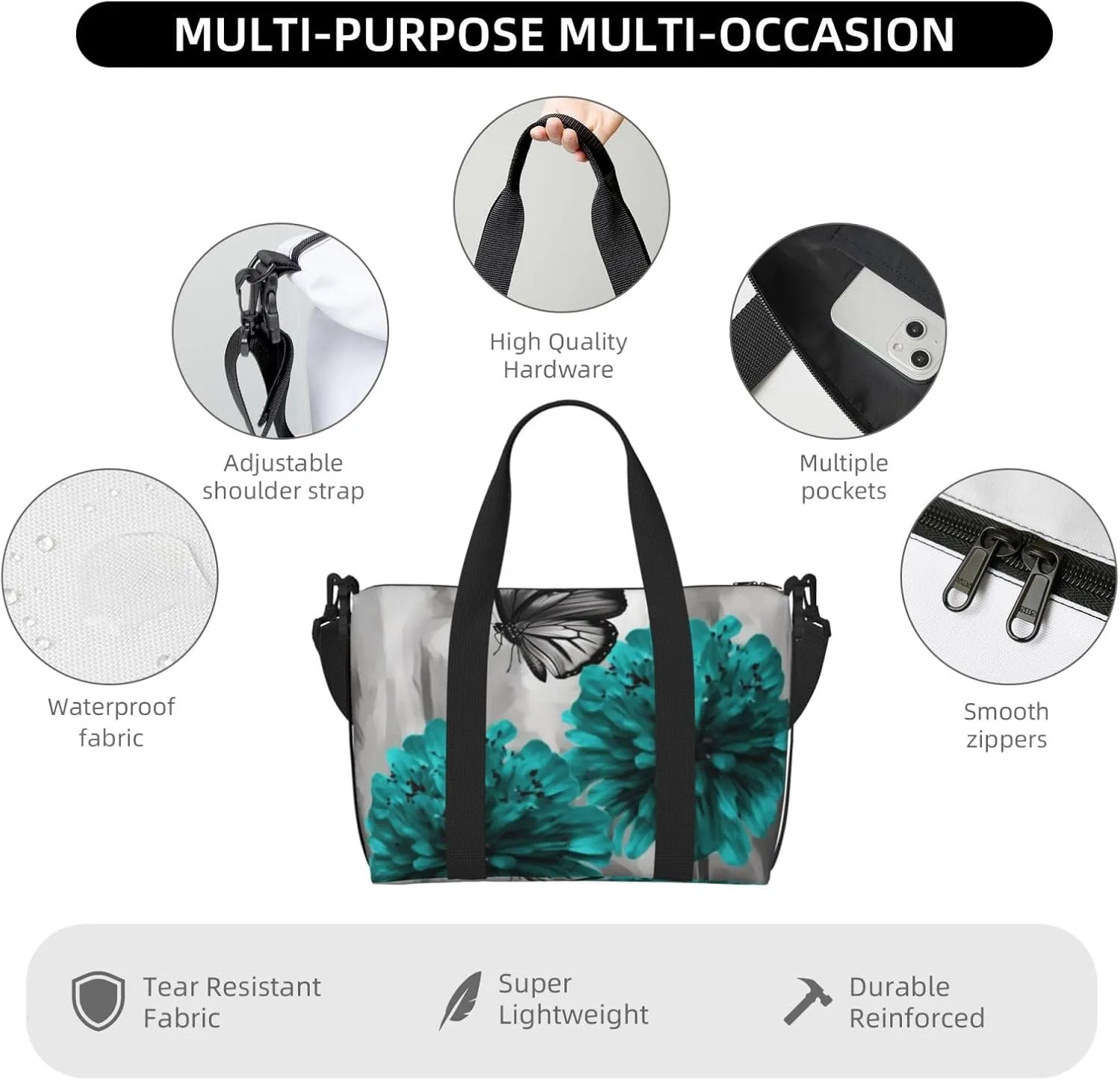 Sports Gym Bag for Women Men Travel Duffel Bag Tote Gray Teal Flower Butterfly Weekender Bag Canvas Carry on Overnight Bag for Travel Swimming Fitness Workout Sports Duffle Bag