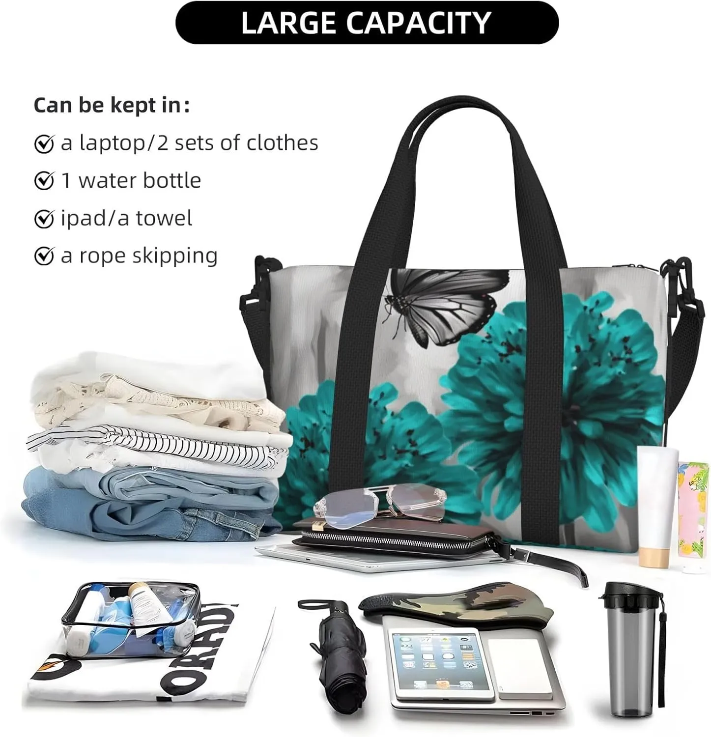 Sports Gym Bag for Women Men Travel Duffel Bag Tote Gray Teal Flower Butterfly Weekender Bag Canvas Carry on Overnight Bag for Travel Swimming Fitness Workout Sports Duffle Bag