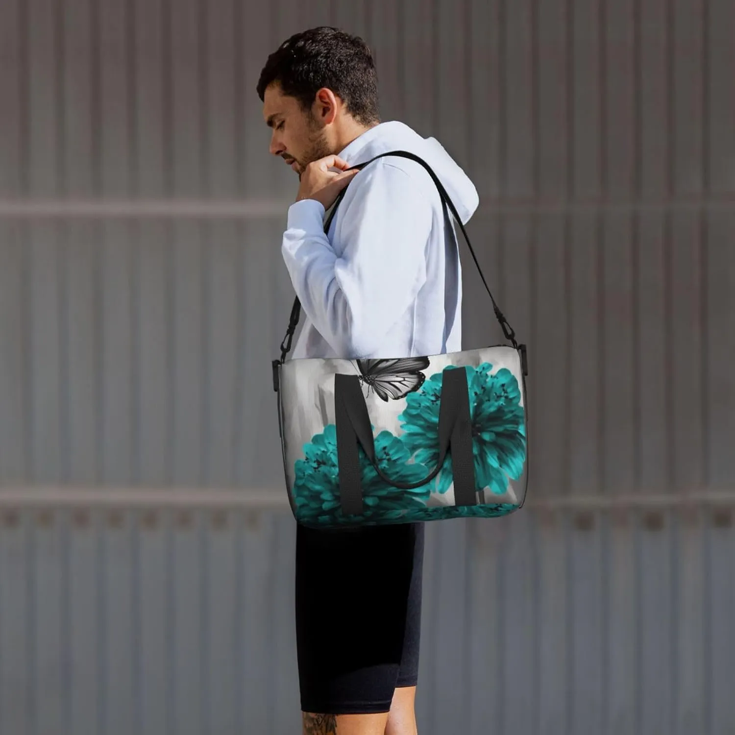 Sports Gym Bag for Women Men Travel Duffel Bag Tote Gray Teal Flower Butterfly Weekender Bag Canvas Carry on Overnight Bag for Travel Swimming Fitness Workout Sports Duffle Bag