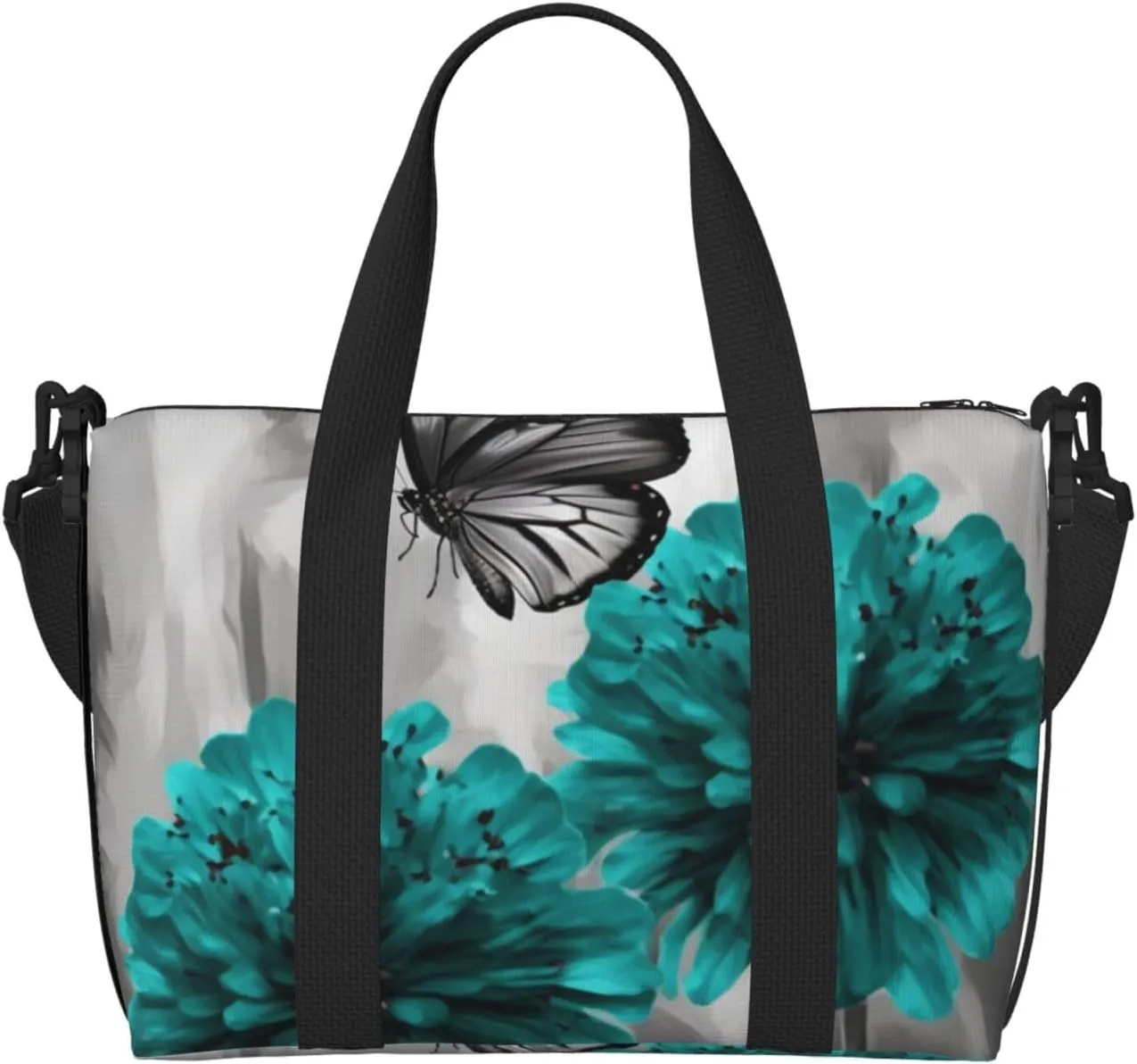 Sports Gym Bag for Women Men Travel Duffel Bag Tote Gray Teal Flower Butterfly Weekender Bag Canvas Carry on Overnight Bag for Travel Swimming Fitness Workout Sports Duffle Bag