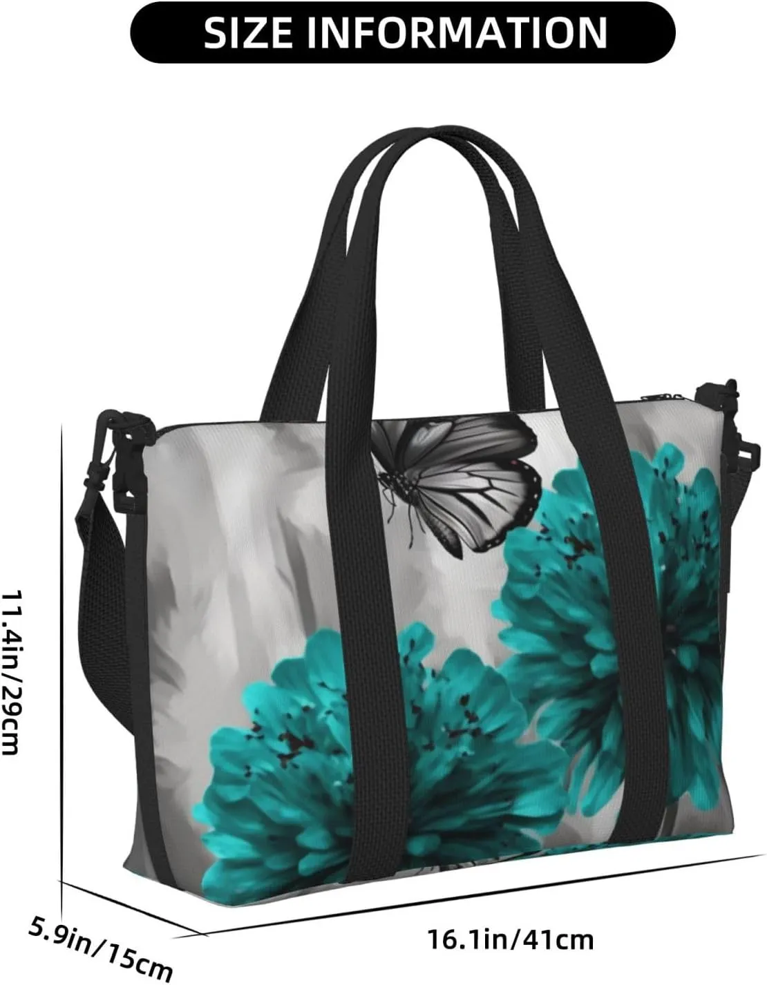 Sports Gym Bag for Women Men Travel Duffel Bag Tote Gray Teal Flower Butterfly Weekender Bag Canvas Carry on Overnight Bag for Travel Swimming Fitness Workout Sports Duffle Bag