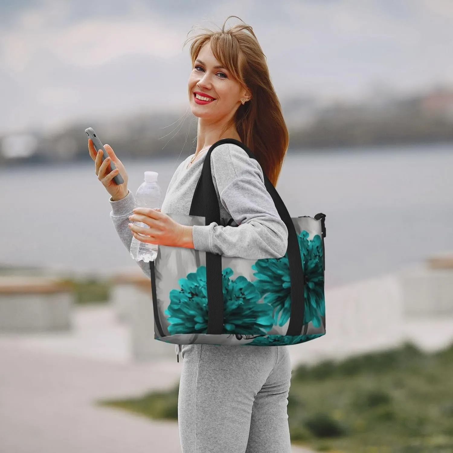 Sports Gym Bag for Women Men Travel Duffel Bag Tote Gray Teal Flower Butterfly Weekender Bag Canvas Carry on Overnight Bag for Travel Swimming Fitness Workout Sports Duffle Bag