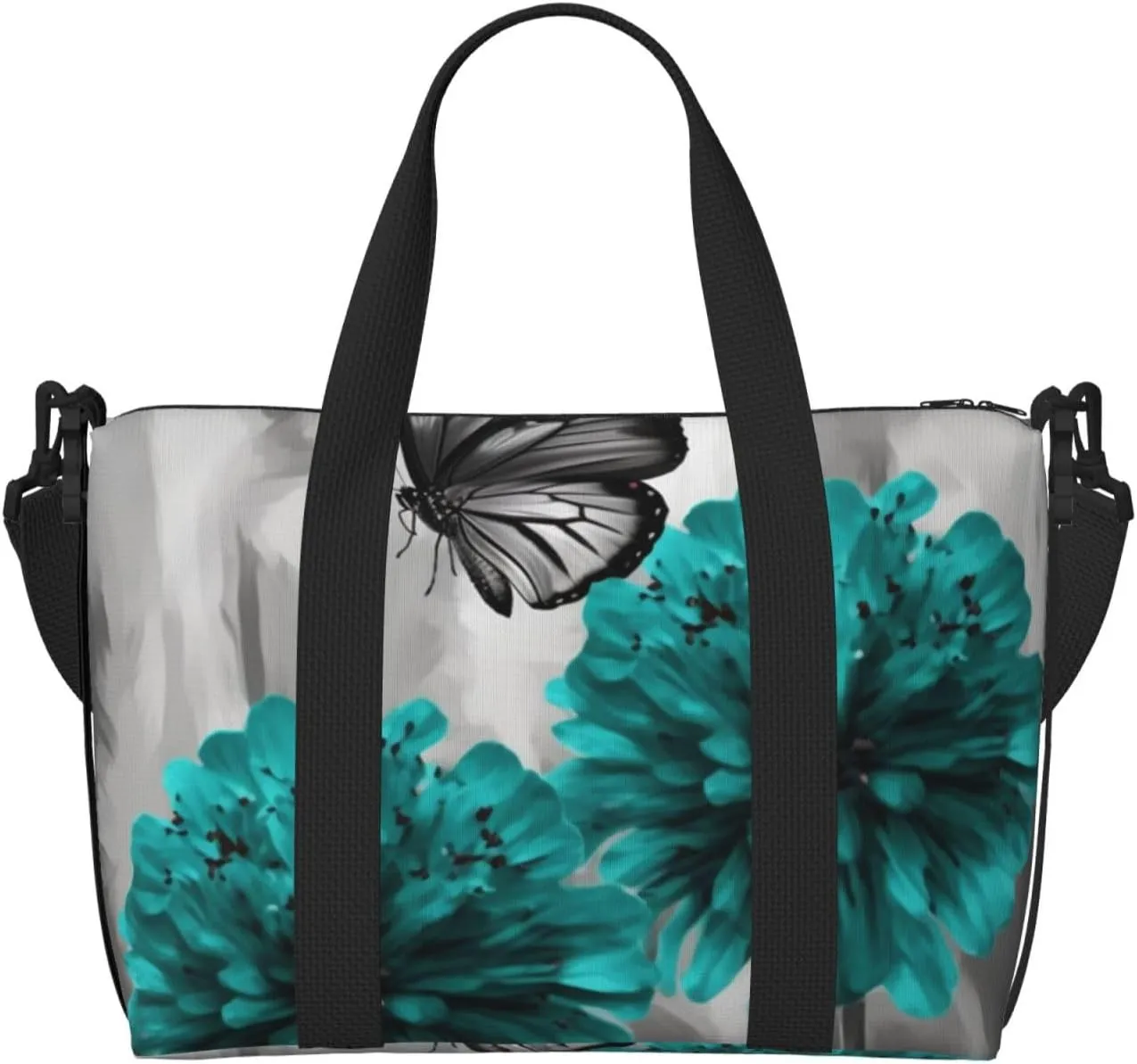 Sports Gym Bag for Women Men Travel Duffel Bag Tote Gray Teal Flower Butterfly Weekender Bag Canvas Carry on Overnight Bag for Travel Swimming Fitness Workout Sports Duffle Bag