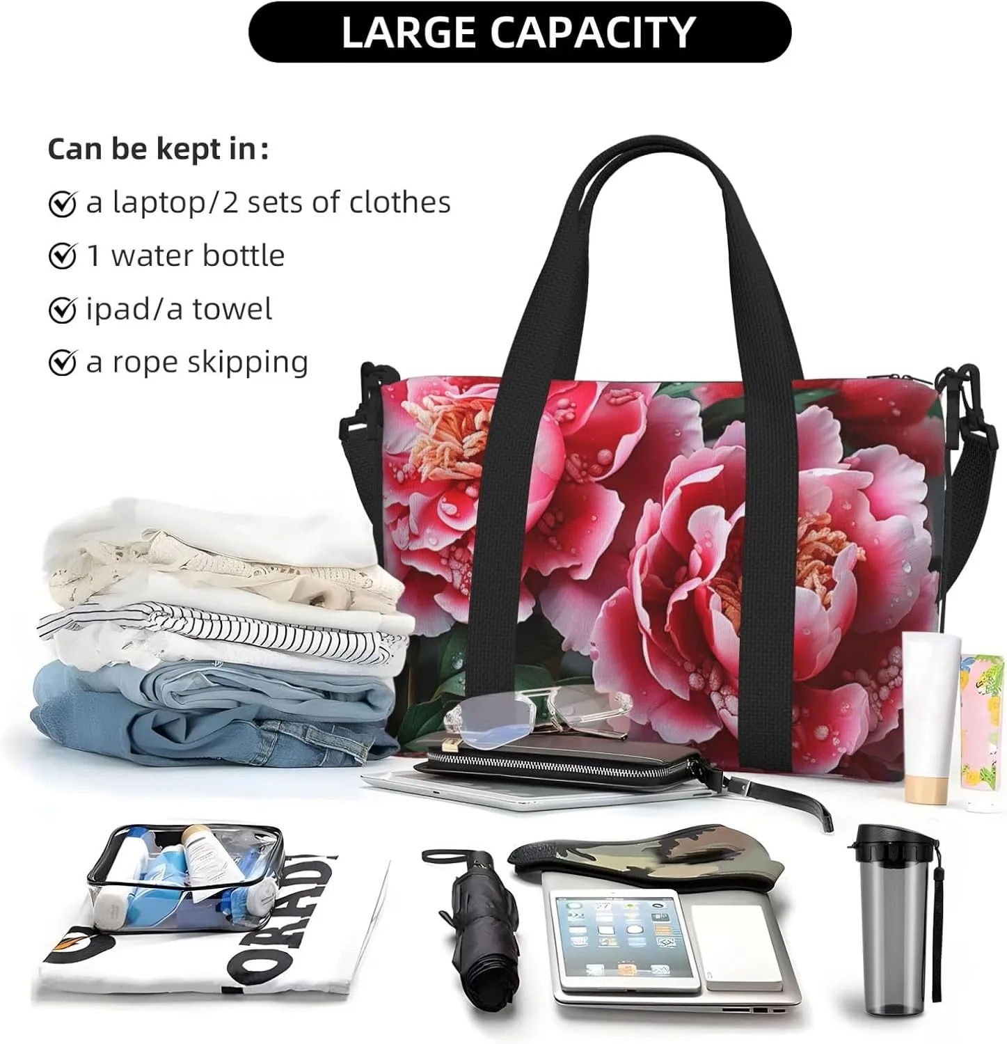 Sports Gym Bag for Women Men Travel Duffel Bag Tote Weekender Bag Carry on Overnight Bag for Travel Swimming Fitness Workout Sports Beautiful peony flower Duffle Bag