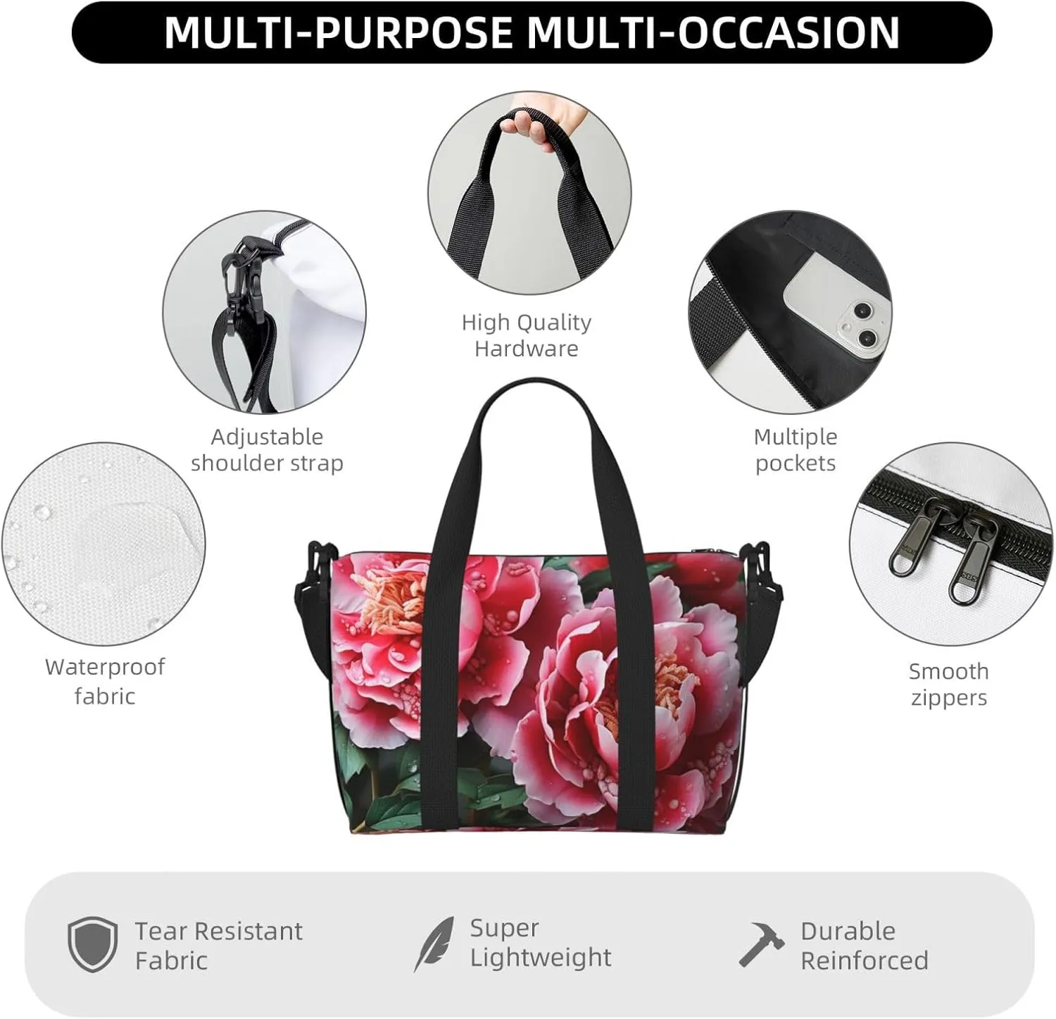 Sports Gym Bag for Women Men Travel Duffel Bag Tote Weekender Bag Carry on Overnight Bag for Travel Swimming Fitness Workout Sports Beautiful peony flower Duffle Bag