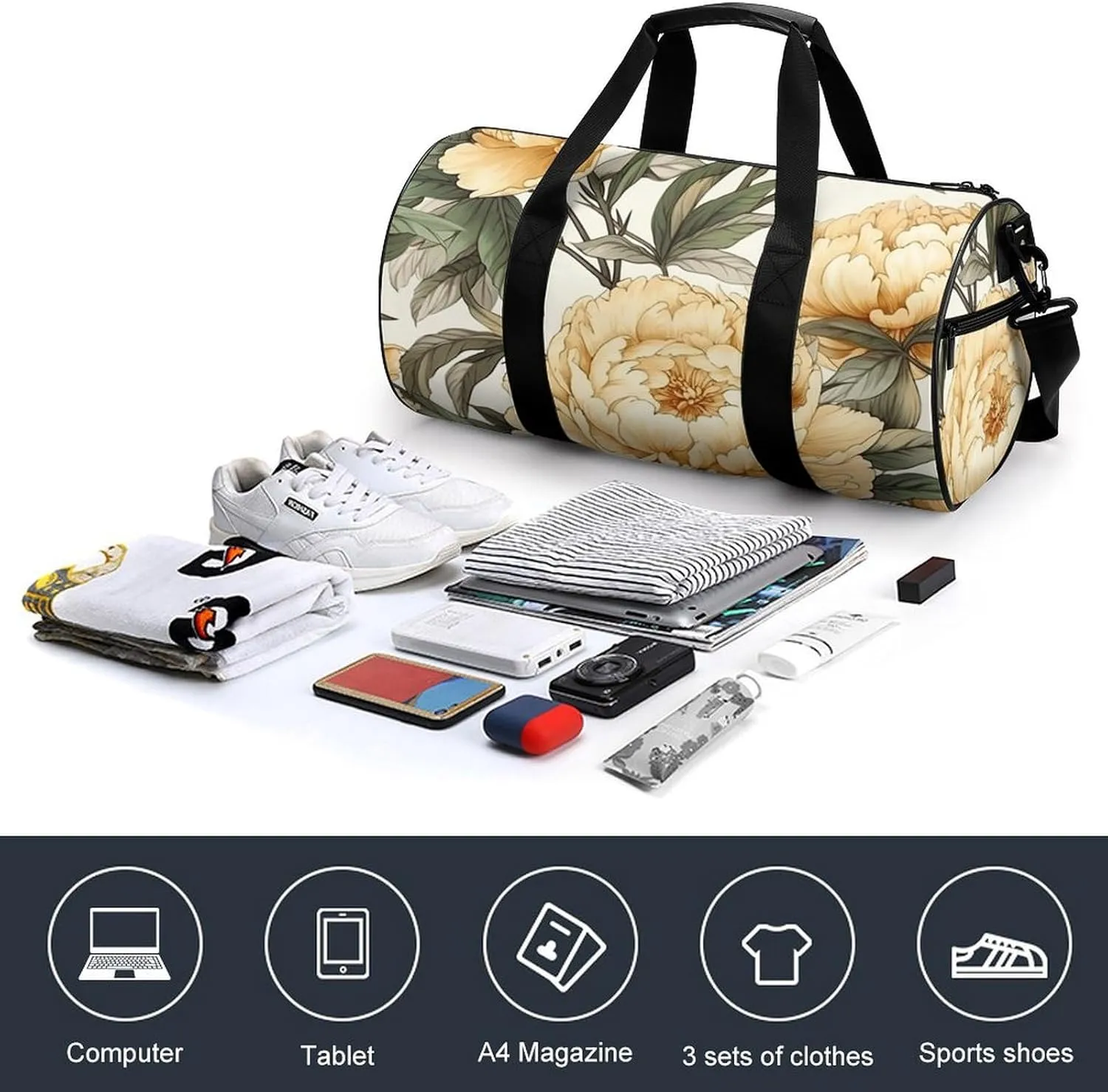 Sports Gym Bag for Women Men Travel Duffel Bag Tote Weekender Bag Peony Flower Pattern Carry on Overnight Bag for Travel Swimming Fitness Workout Sports Duffle Bag