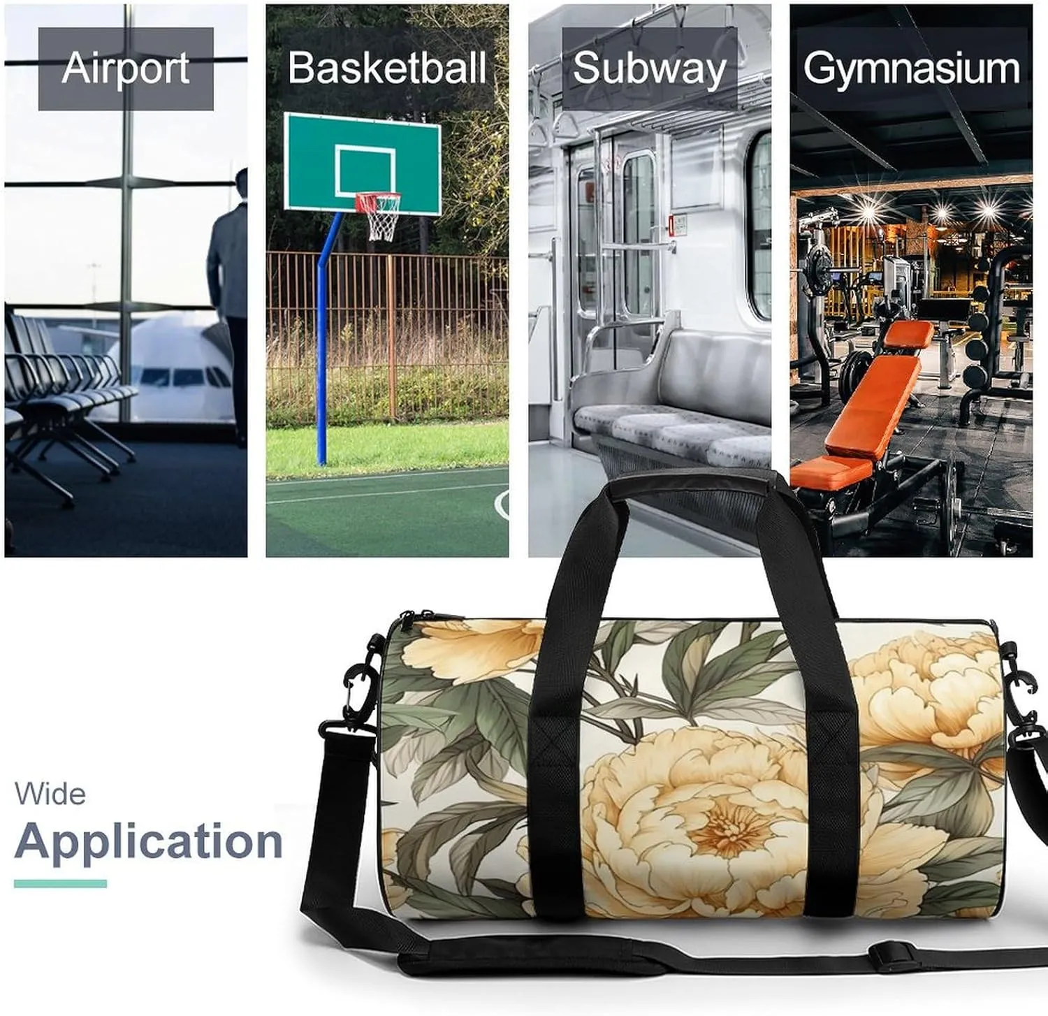 Sports Gym Bag for Women Men Travel Duffel Bag Tote Weekender Bag Peony Flower Pattern Carry on Overnight Bag for Travel Swimming Fitness Workout Sports Duffle Bag