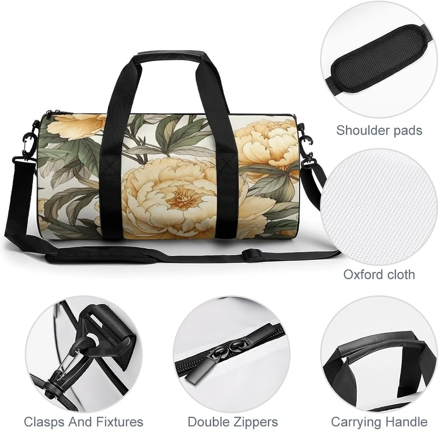 Sports Gym Bag for Women Men Travel Duffel Bag Tote Weekender Bag Peony Flower Pattern Carry on Overnight Bag for Travel Swimming Fitness Workout Sports Duffle Bag