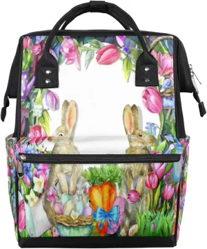 Spring Easter Bunnies Flower Rabbit Diaper Bag Tote Large Capacity Waterproof with Adjustable Shoulder Strap and Pram Straps Mommy Bag for Hospital Beach Weekender Travel