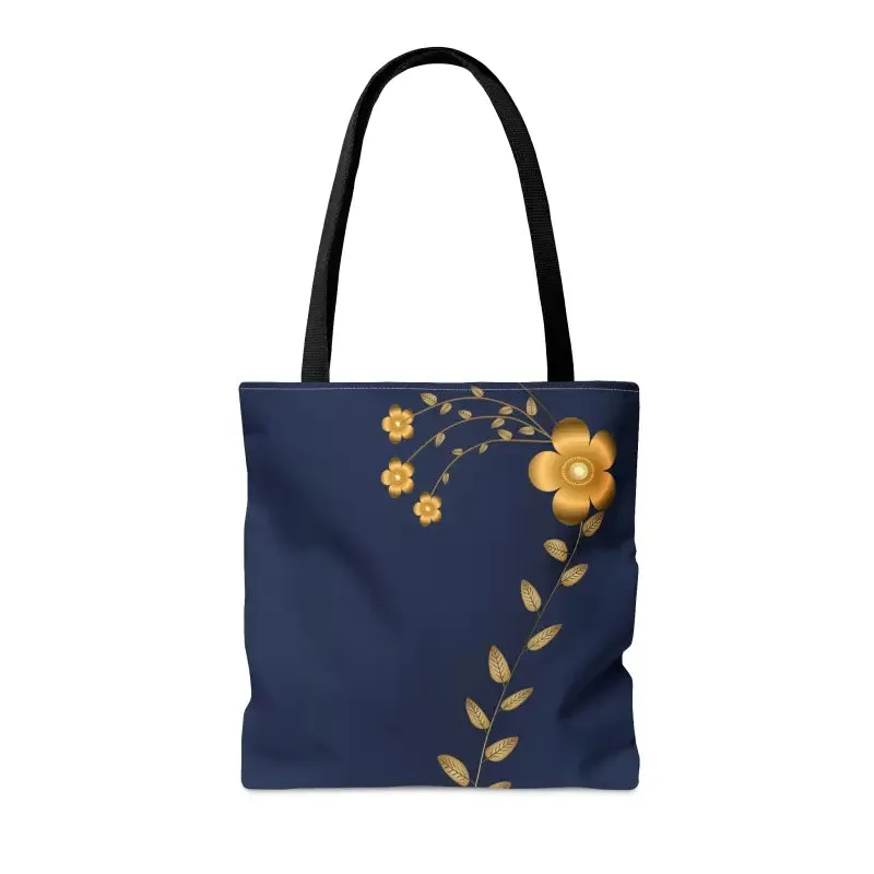 Stunning Navy Blue Tote Bag with Gold Flowers