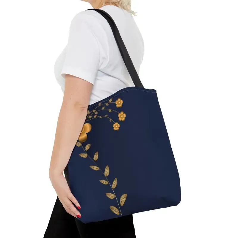 Stunning Navy Blue Tote Bag with Gold Flowers