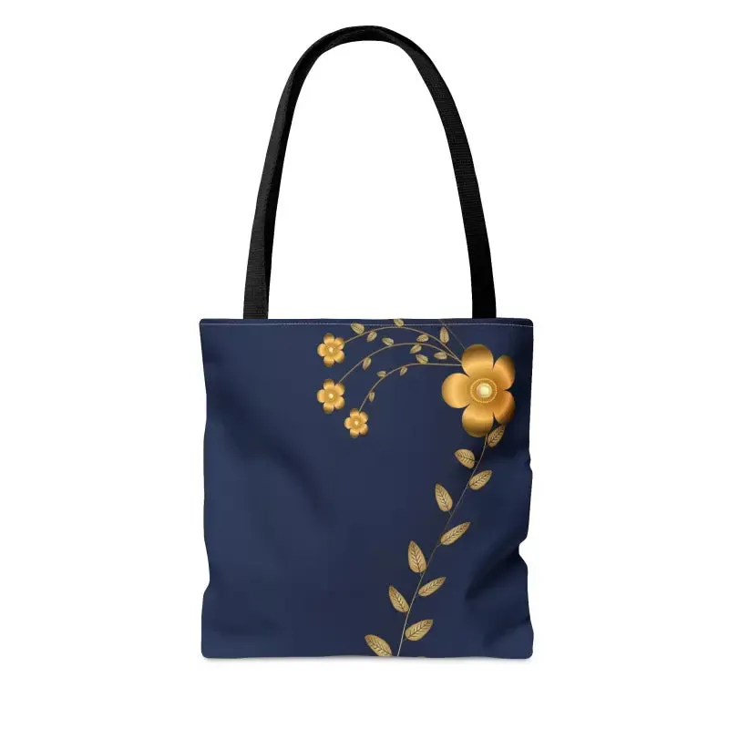 Stunning Navy Blue Tote Bag with Gold Flowers