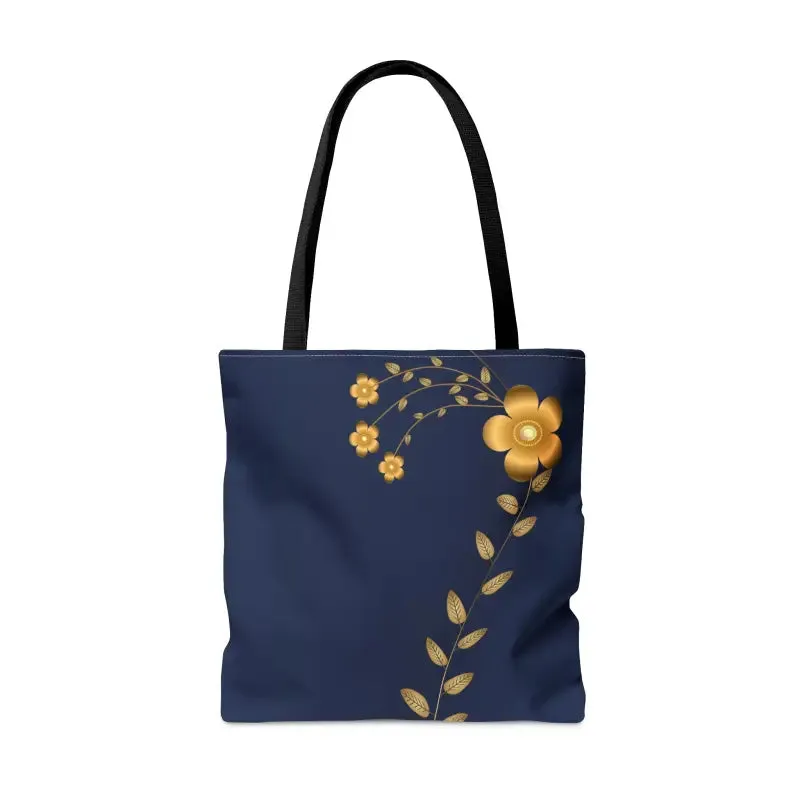 Stunning Navy Blue Tote Bag with Gold Flowers