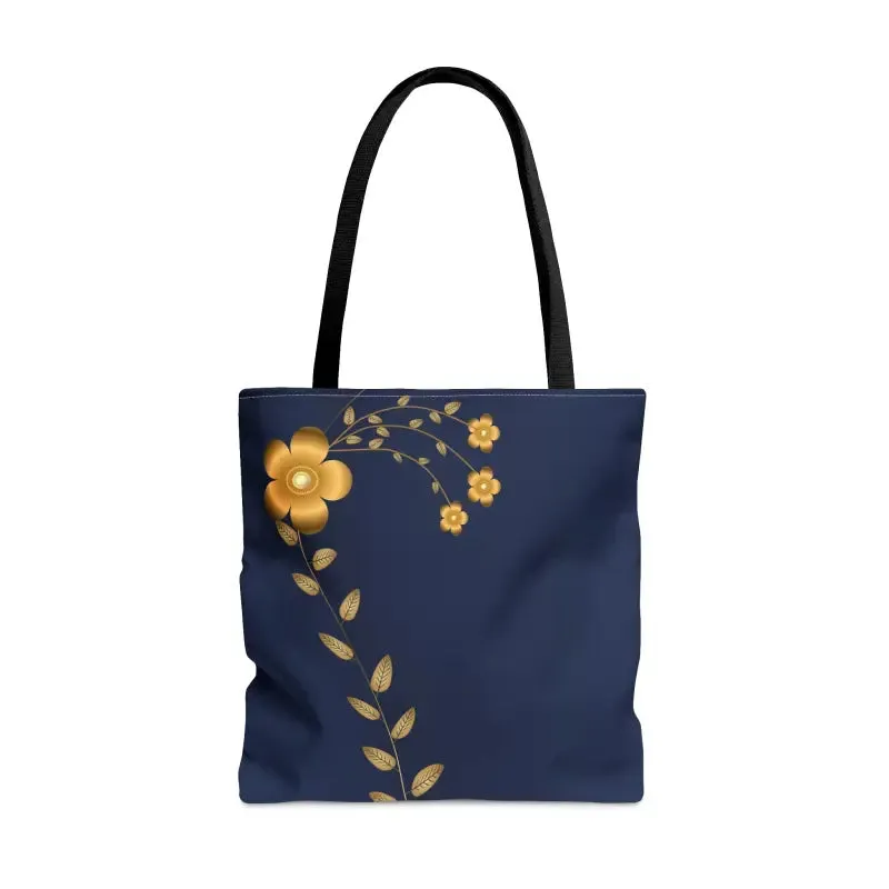 Stunning Navy Blue Tote Bag with Gold Flowers