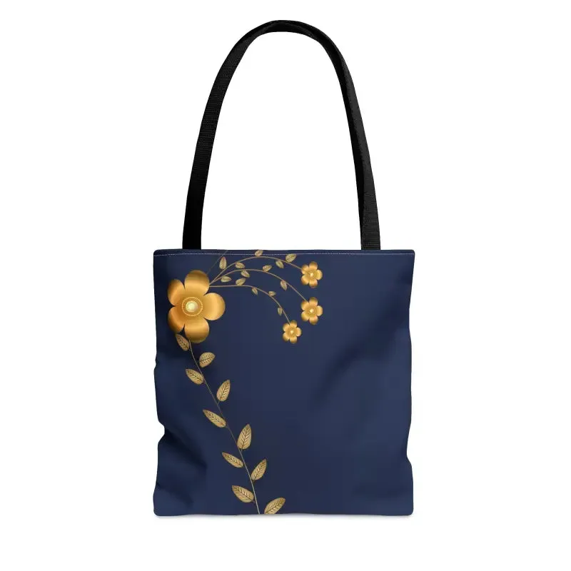Stunning Navy Blue Tote Bag with Gold Flowers