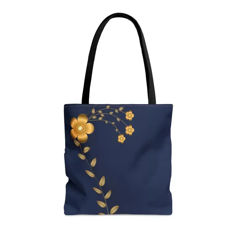 Stunning Navy Blue Tote Bag with Gold Flowers