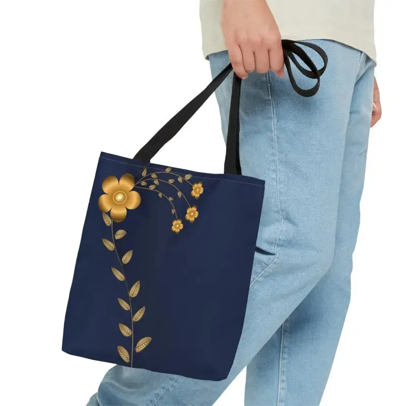 Stunning Navy Blue Tote Bag with Gold Flowers