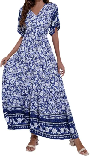 Summer Dresses for Women 2025 Maxi Dress V Neck Ruffle Sleeve Floral Sundress Elegant Classy Fashion Outfit Plus Size