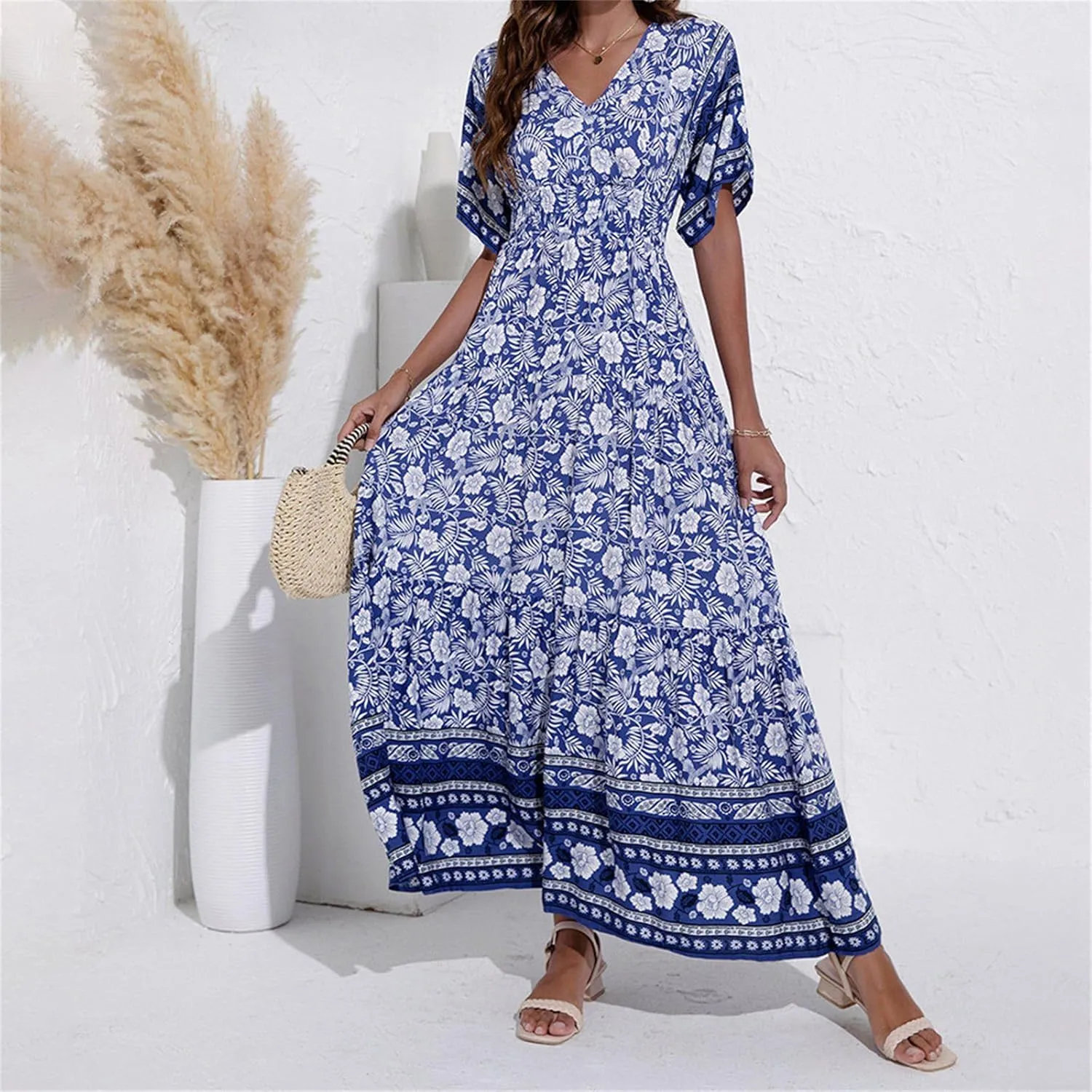 Summer Dresses for Women 2025 Maxi Dress V Neck Ruffle Sleeve Floral Sundress Elegant Classy Fashion Outfit Plus Size