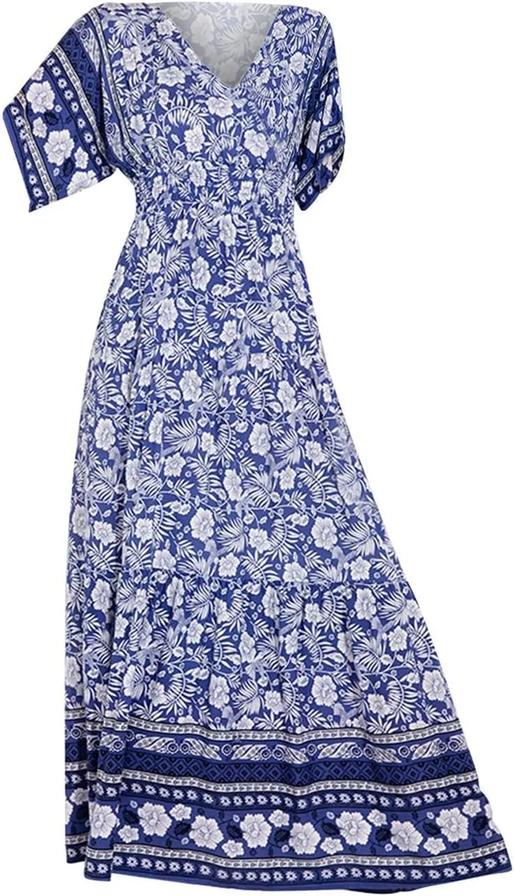 Summer Dresses for Women 2025 Maxi Dress V Neck Ruffle Sleeve Floral Sundress Elegant Classy Fashion Outfit Plus Size