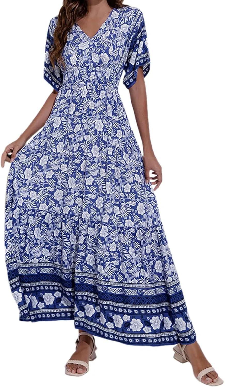 Summer Dresses for Women 2025 Maxi Dress V Neck Ruffle Sleeve Floral Sundress Elegant Classy Fashion Outfit Plus Size