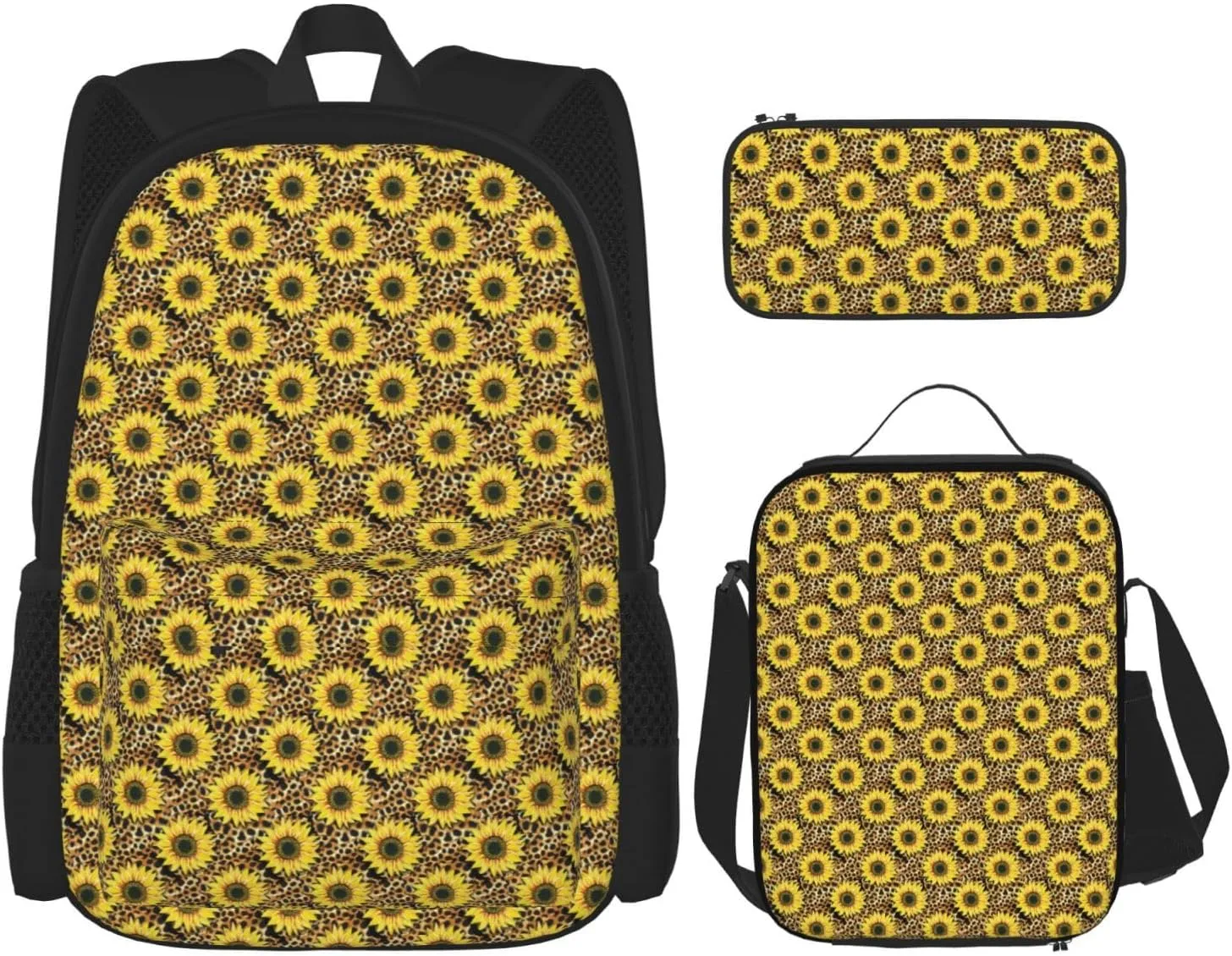sunflowers leopard Multifunctional Pocket Backpack Crossbody Lunch Bag Pencil Case 3Pcs Set Large Capacity Backpack