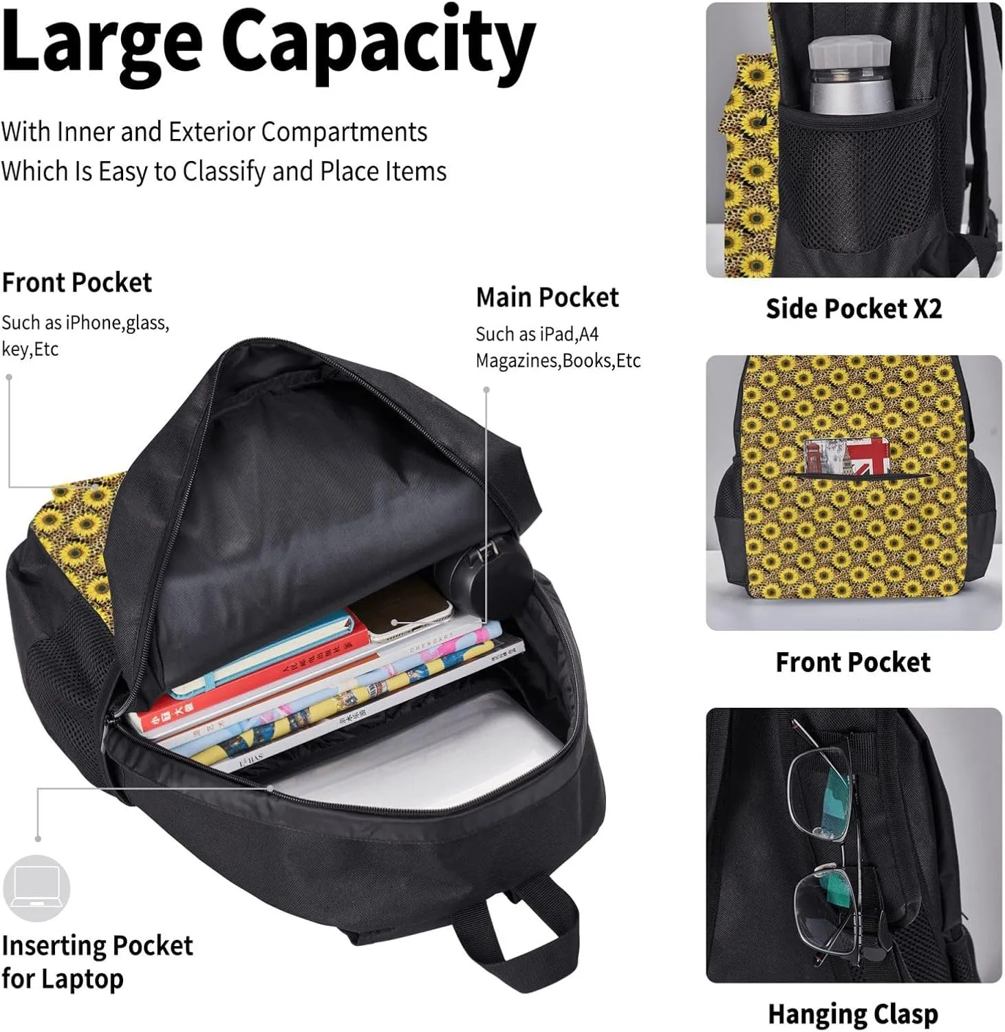 sunflowers leopard Multifunctional Pocket Backpack Crossbody Lunch Bag Pencil Case 3Pcs Set Large Capacity Backpack