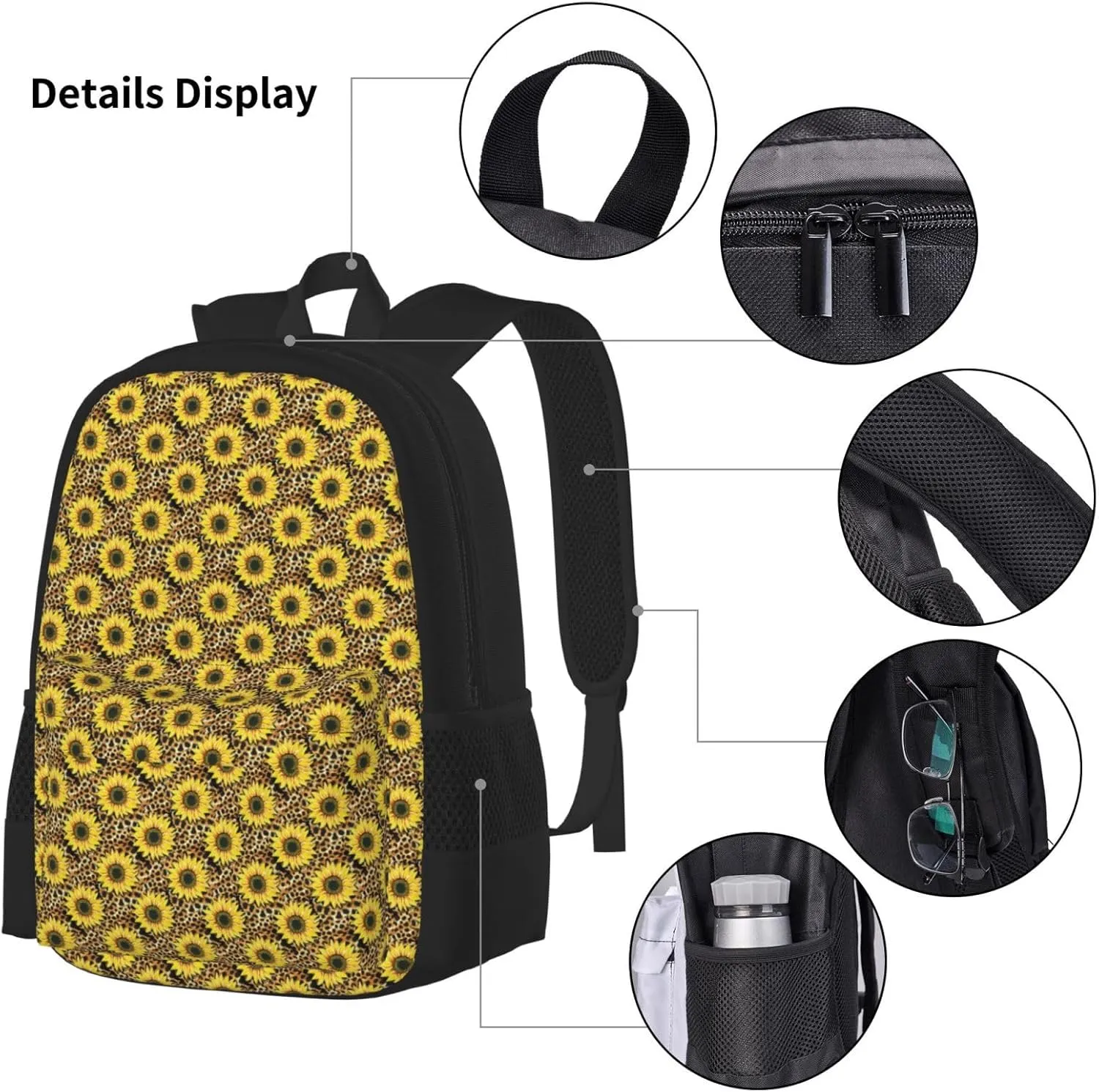 sunflowers leopard Multifunctional Pocket Backpack Crossbody Lunch Bag Pencil Case 3Pcs Set Large Capacity Backpack