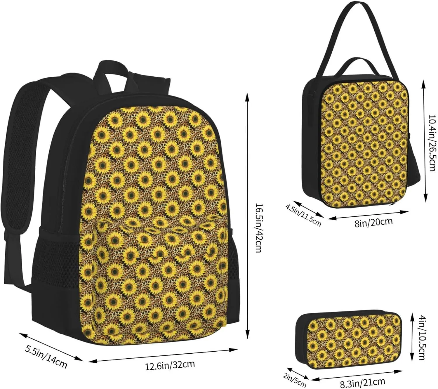 sunflowers leopard Multifunctional Pocket Backpack Crossbody Lunch Bag Pencil Case 3Pcs Set Large Capacity Backpack