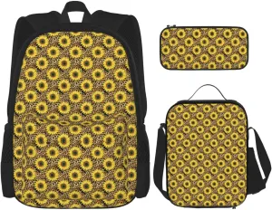 sunflowers leopard Multifunctional Pocket Backpack Crossbody Lunch Bag Pencil Case 3Pcs Set Large Capacity Backpack