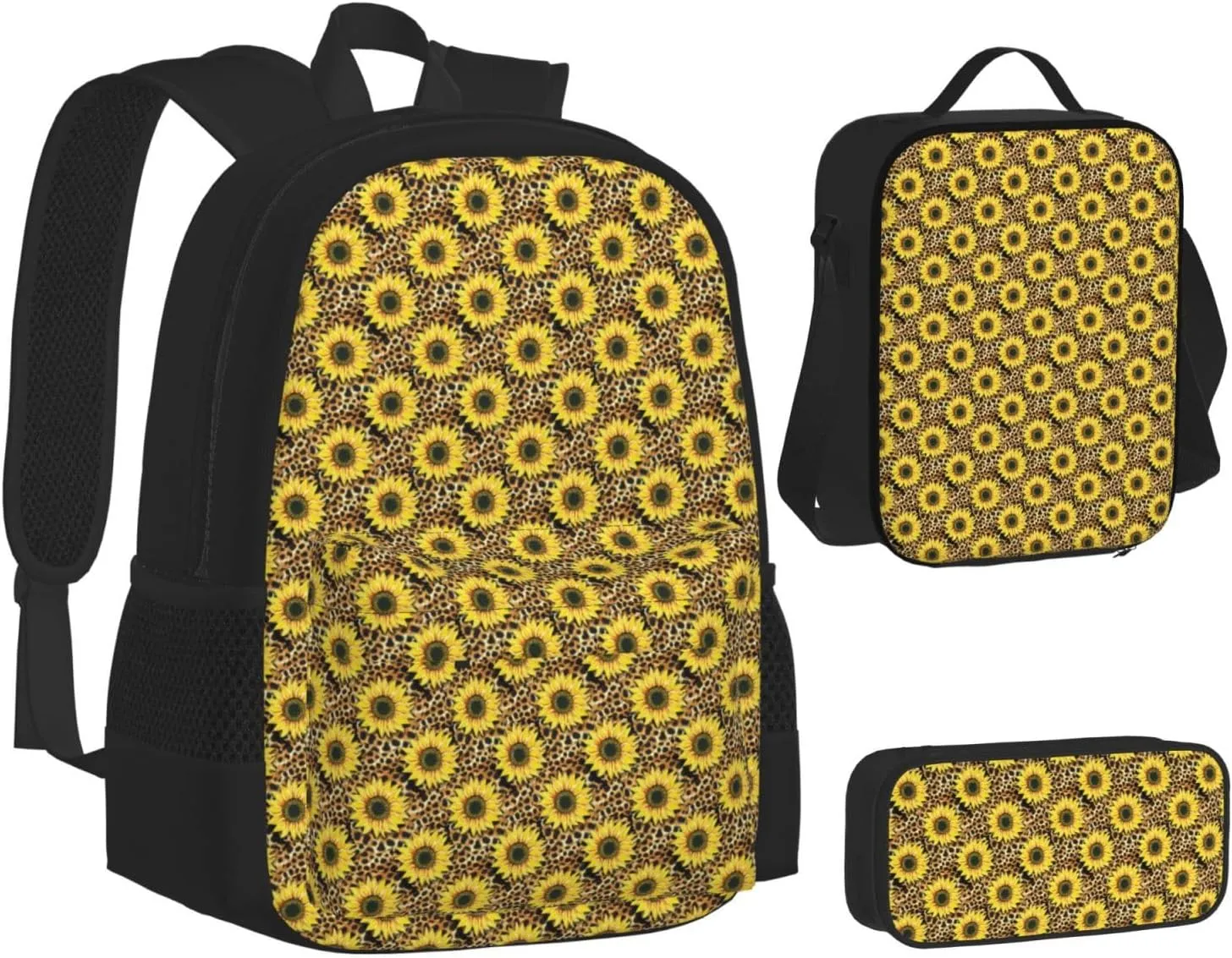 sunflowers leopard Multifunctional Pocket Backpack Crossbody Lunch Bag Pencil Case 3Pcs Set Large Capacity Backpack