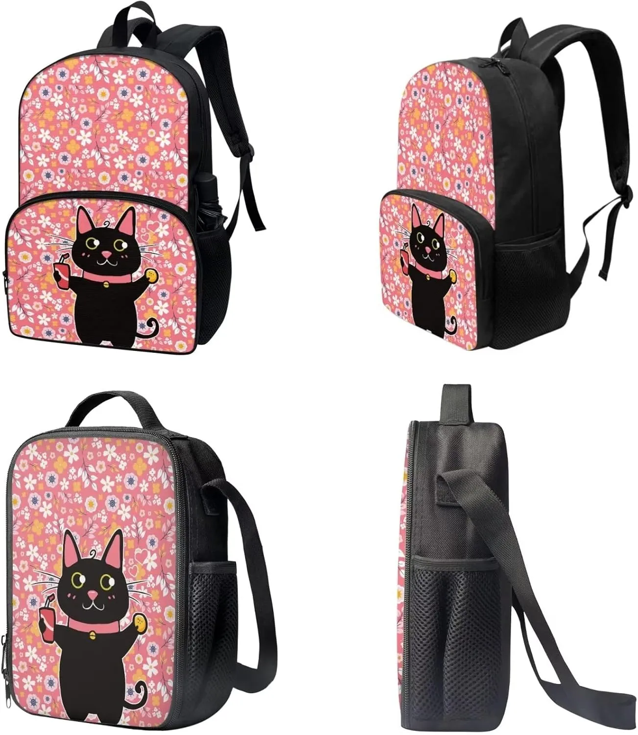Suobstales Cat Floral Print Backback Set of 3 for Teen Girls Boys Kids, Lightweight School Book Bag/Pencil Case/Lunchbox Fashion Shoulder Bag for Travel Hiking School