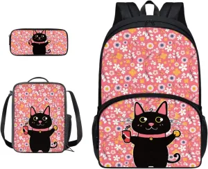 Suobstales Cat Floral Print Backback Set of 3 for Teen Girls Boys Kids, Lightweight School Book Bag/Pencil Case/Lunchbox Fashion Shoulder Bag for Travel Hiking School