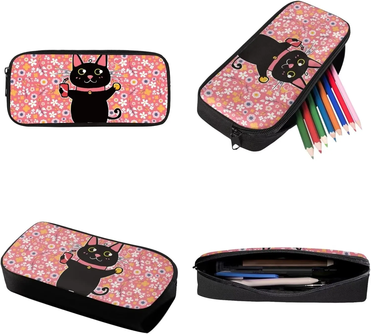 Suobstales Cat Floral Print Backback Set of 3 for Teen Girls Boys Kids, Lightweight School Book Bag/Pencil Case/Lunchbox Fashion Shoulder Bag for Travel Hiking School