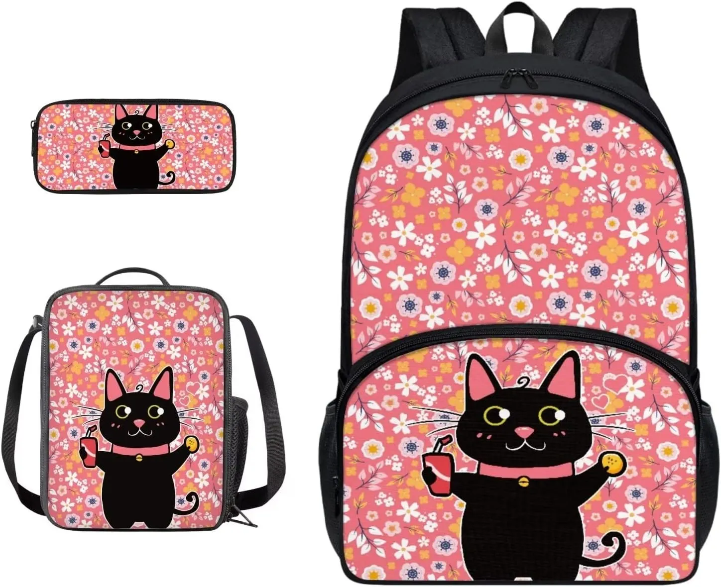 Suobstales Cat Floral Print Backback Set of 3 for Teen Girls Boys Kids, Lightweight School Book Bag/Pencil Case/Lunchbox Fashion Shoulder Bag for Travel Hiking School