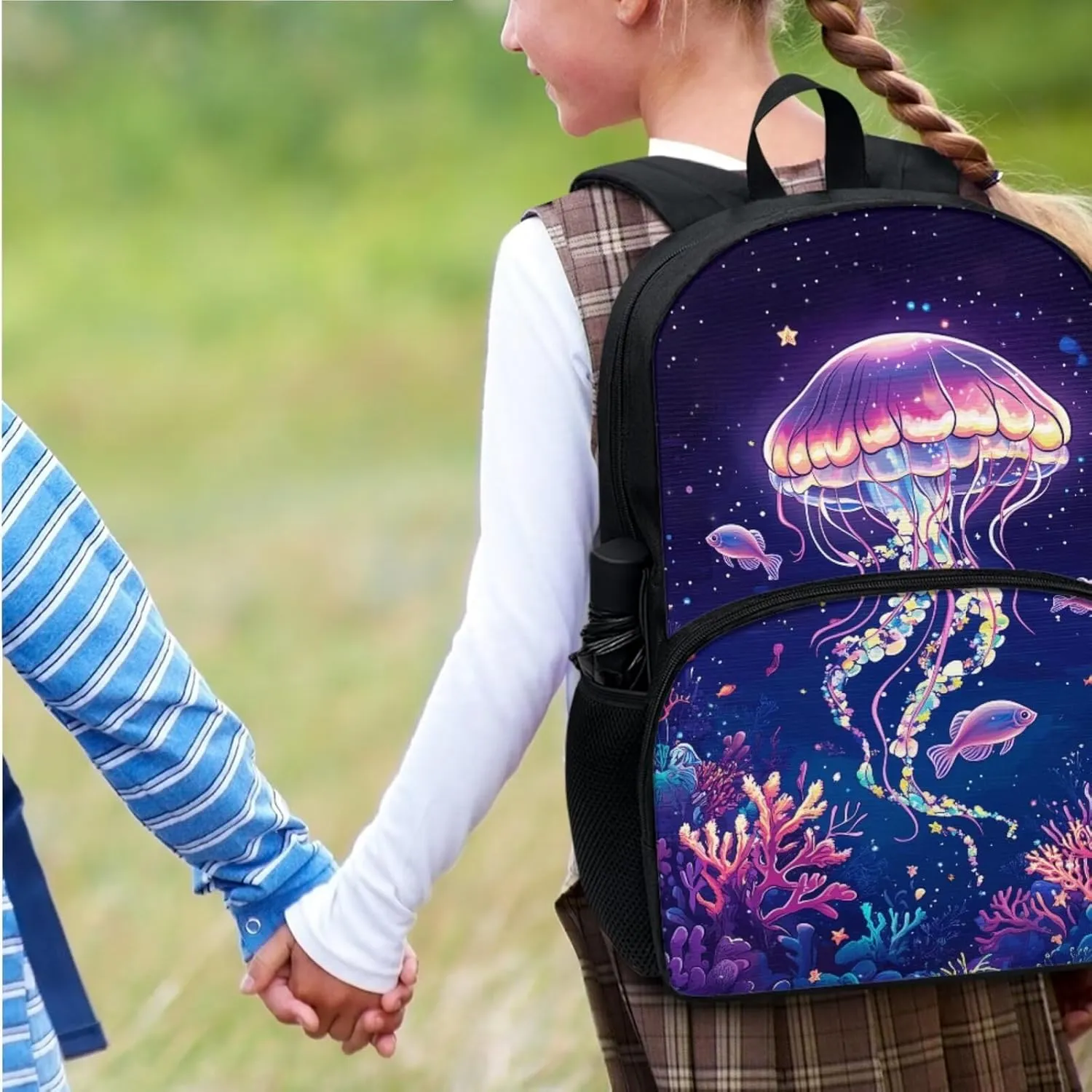 Suobstales Jellyfish Fish Coral Print 3pcs Kids Backpack School Bag for Girls Elementary Primary Bookbag with Lunch Box Pencil Case 3 In 1 Casual Daypack Rucksack Satchel