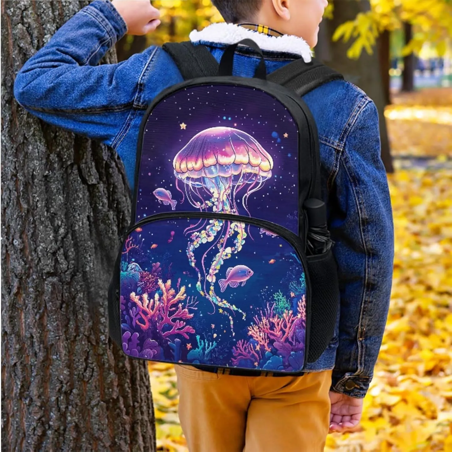 Suobstales Jellyfish Fish Coral Print 3pcs Kids Backpack School Bag for Girls Elementary Primary Bookbag with Lunch Box Pencil Case 3 In 1 Casual Daypack Rucksack Satchel