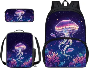 Suobstales Jellyfish Fish Coral Print 3pcs Kids Backpack School Bag for Girls Elementary Primary Bookbag with Lunch Box Pencil Case 3 In 1 Casual Daypack Rucksack Satchel