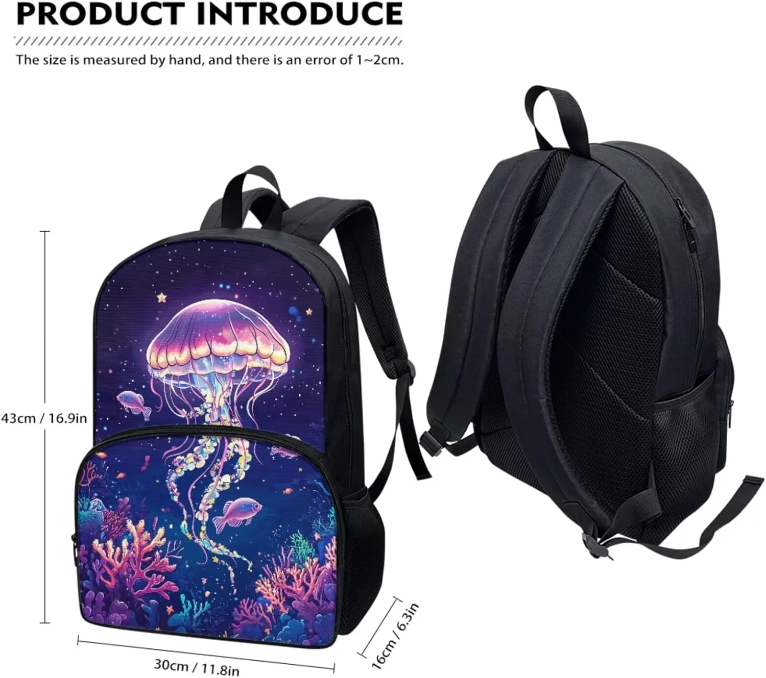 Suobstales Jellyfish Fish Coral Print 3pcs Kids Backpack School Bag for Girls Elementary Primary Bookbag with Lunch Box Pencil Case 3 In 1 Casual Daypack Rucksack Satchel