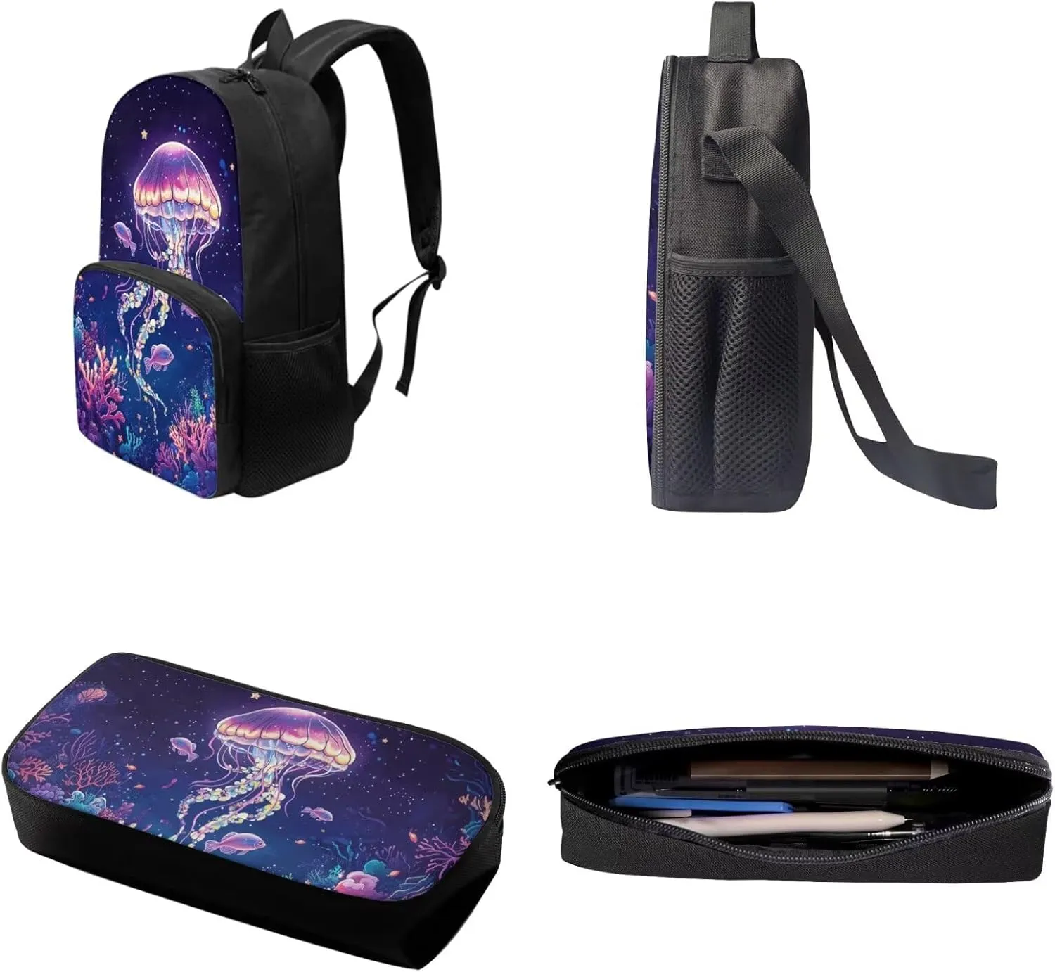 Suobstales Jellyfish Fish Coral Print 3pcs Kids Backpack School Bag for Girls Elementary Primary Bookbag with Lunch Box Pencil Case 3 In 1 Casual Daypack Rucksack Satchel