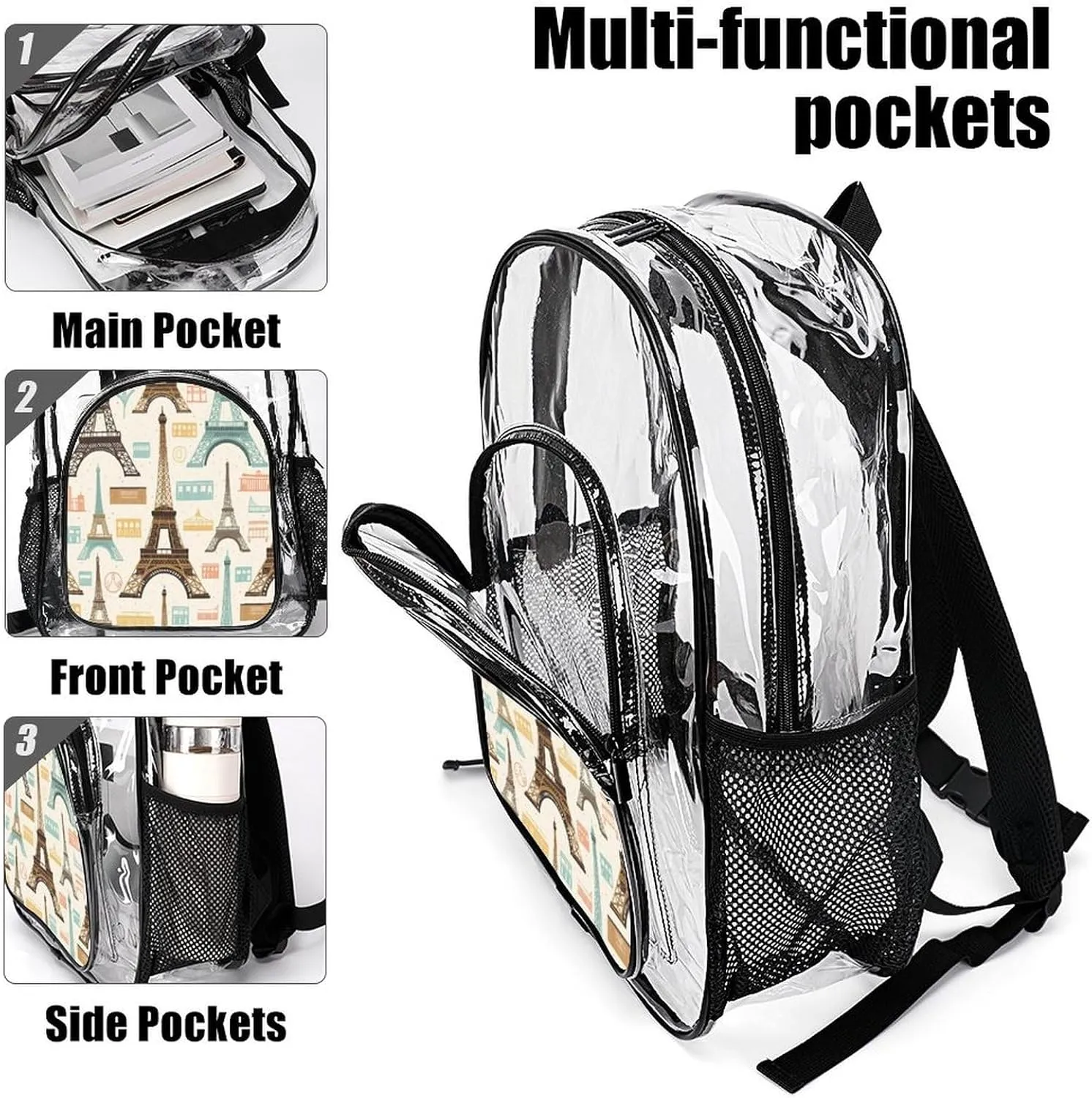Supdreamc Men & Women Transparent Paris Eiffel Tower Art Backpack Large Capacity Bookbag With Smooth Zippers for Climbing Picnic Bicycle