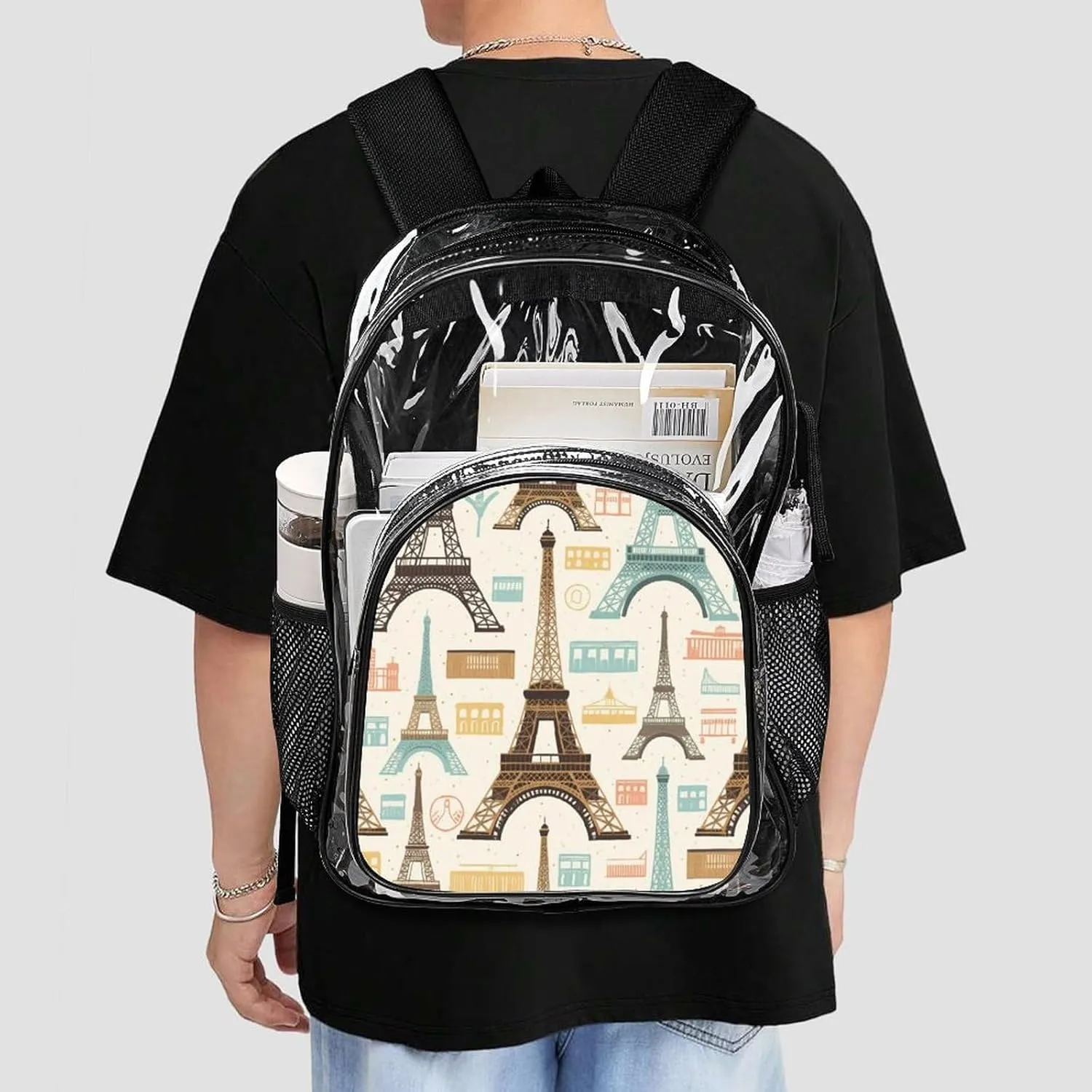 Supdreamc Men & Women Transparent Paris Eiffel Tower Art Backpack Large Capacity Bookbag With Smooth Zippers for Climbing Picnic Bicycle