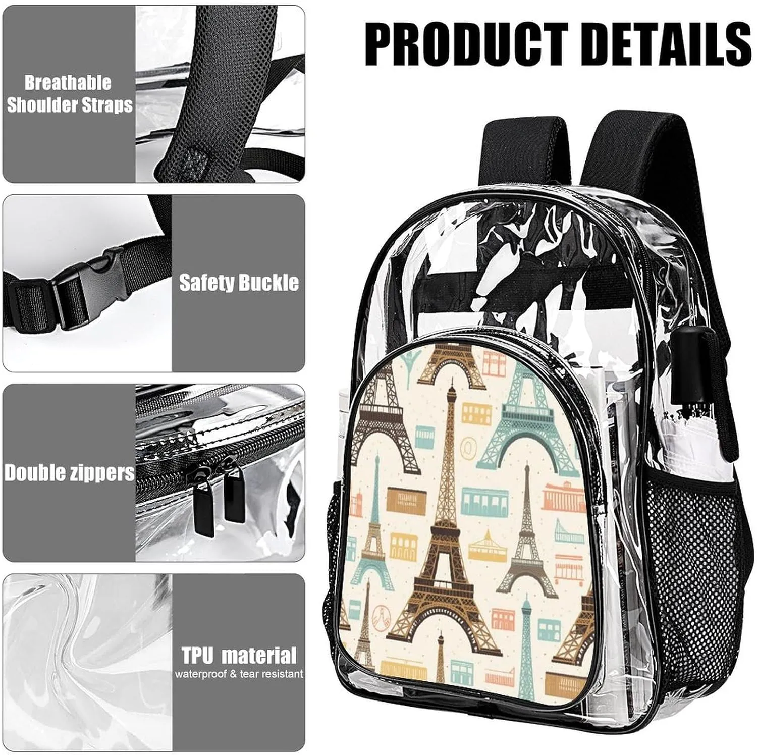 Supdreamc Men & Women Transparent Paris Eiffel Tower Art Backpack Large Capacity Bookbag With Smooth Zippers for Climbing Picnic Bicycle