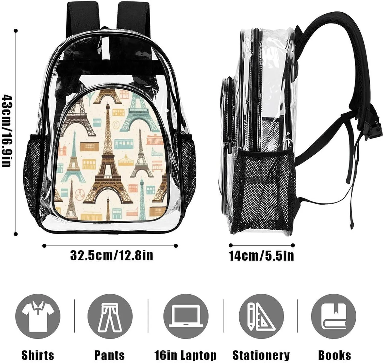 Supdreamc Men & Women Transparent Paris Eiffel Tower Art Backpack Large Capacity Bookbag With Smooth Zippers for Climbing Picnic Bicycle