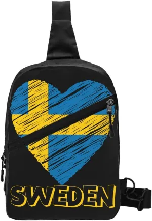 Swedish Sweden Flag Heart Crossbody Bag Portable Sling Bags Foldable Chest Daypack Reusable Sports Shoulder Backpack Diagonally Casual Rucksack Travel Bag